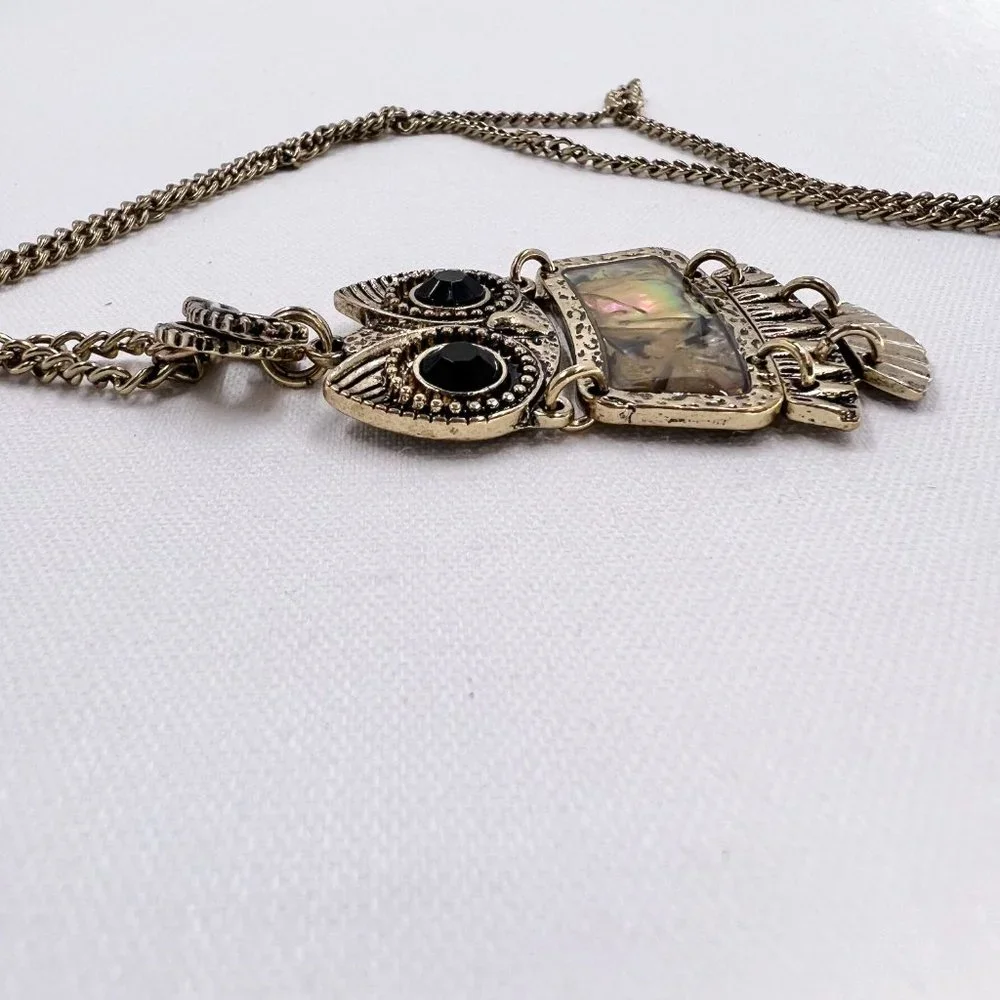 Abalone Inlayed Jointed Owl Pendant Antiqued Gold Tone 30” Chain Necklace - Picture 7 of 7